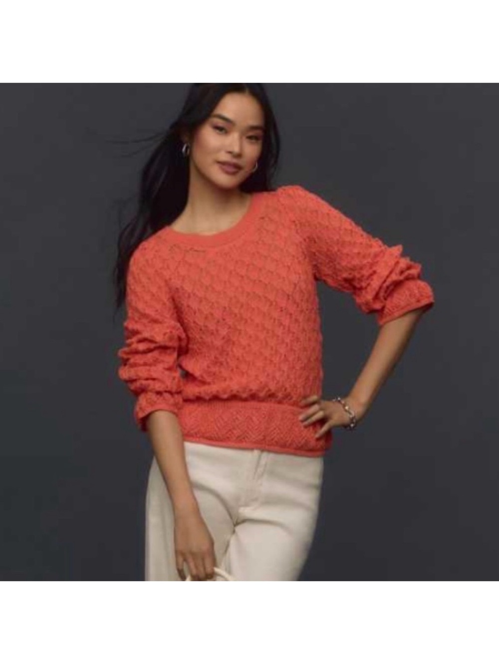 Anthropologie flounce hem pointelle orange sweater medium